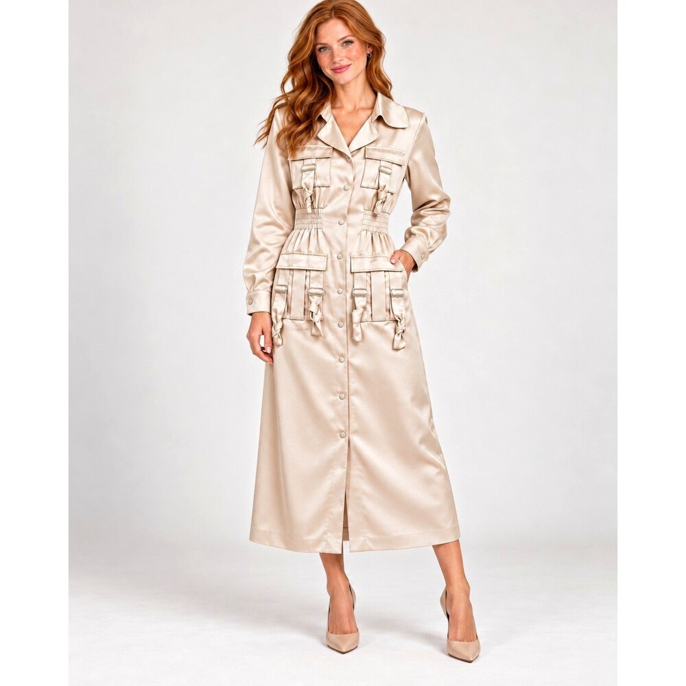 House of CB London Champagne Satin Utility Maxi Shirt Dress XS